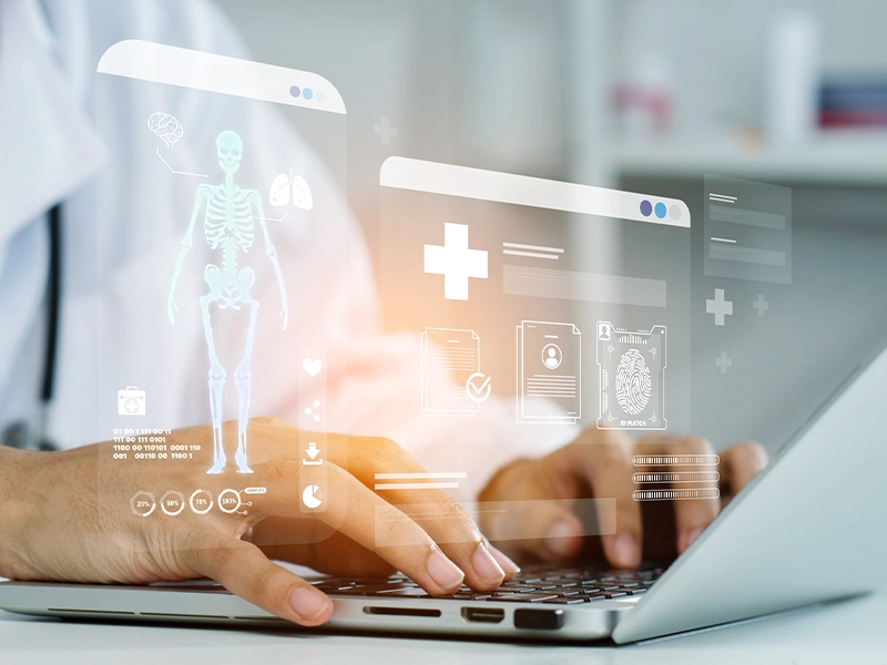 Futuristic image of a person chatting with a hologram screen.