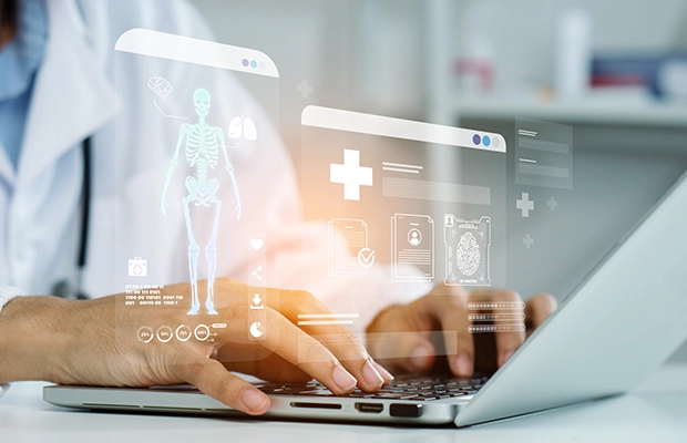 Futuristic image of a person chatting with a hologram screen.
