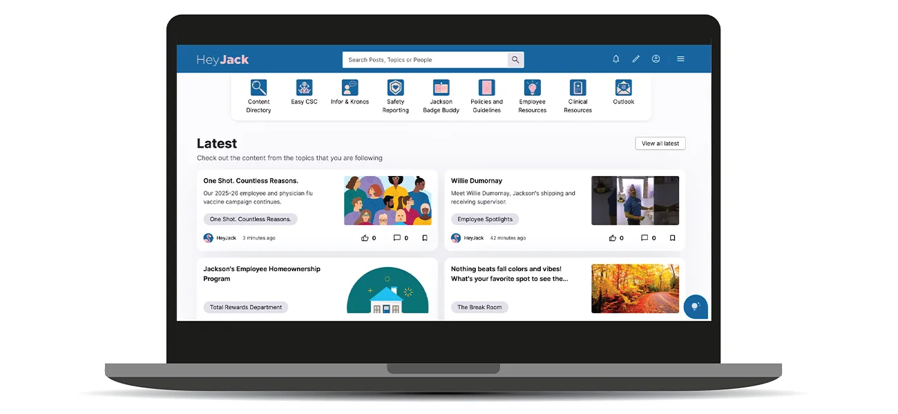 A view of HeyJack on a desktop device, you see icons, navigation, and the latest updates
