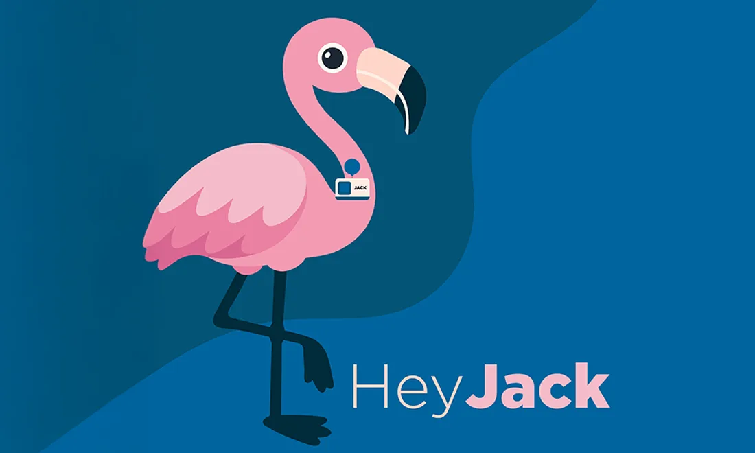 A flamingo wearing a name badge, to the bottom right it reads, HeyJack
