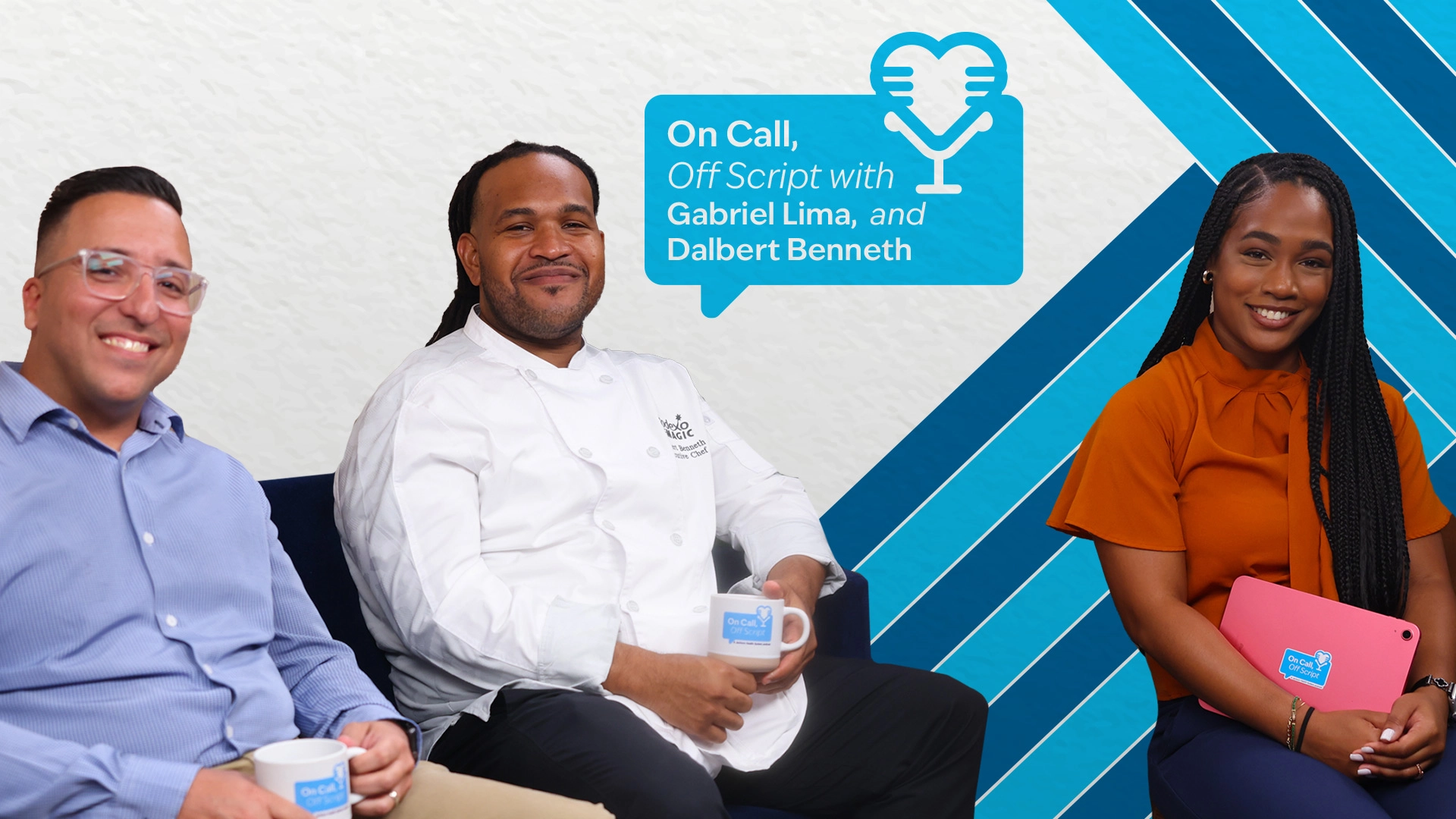 Two men and a woman sitting in a podcast studio with a blue wall behind them.