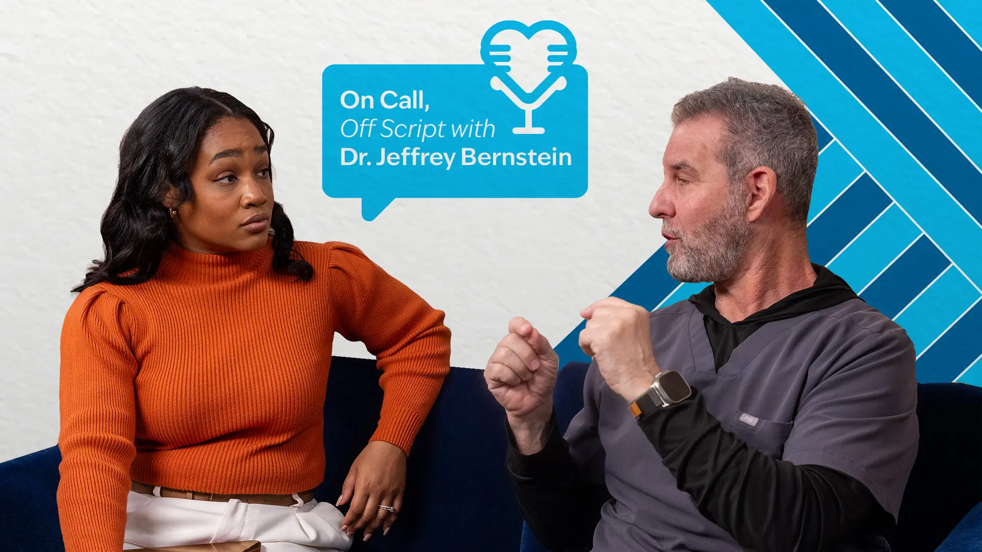 Two people sitting and looking at each otehr; on the top left it reads, On Call, Off Script with Dr. Jeffrey Bernstein