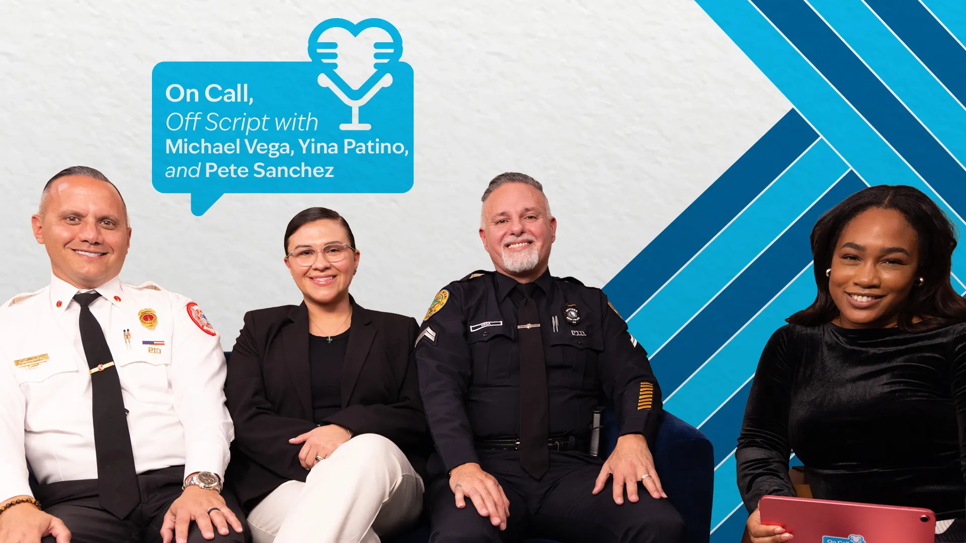 Four people sitting and looking at the camera; on the top left it reads, On Call, Off Script with Michael Vega, Yina Patino, and Pete Sanchez
