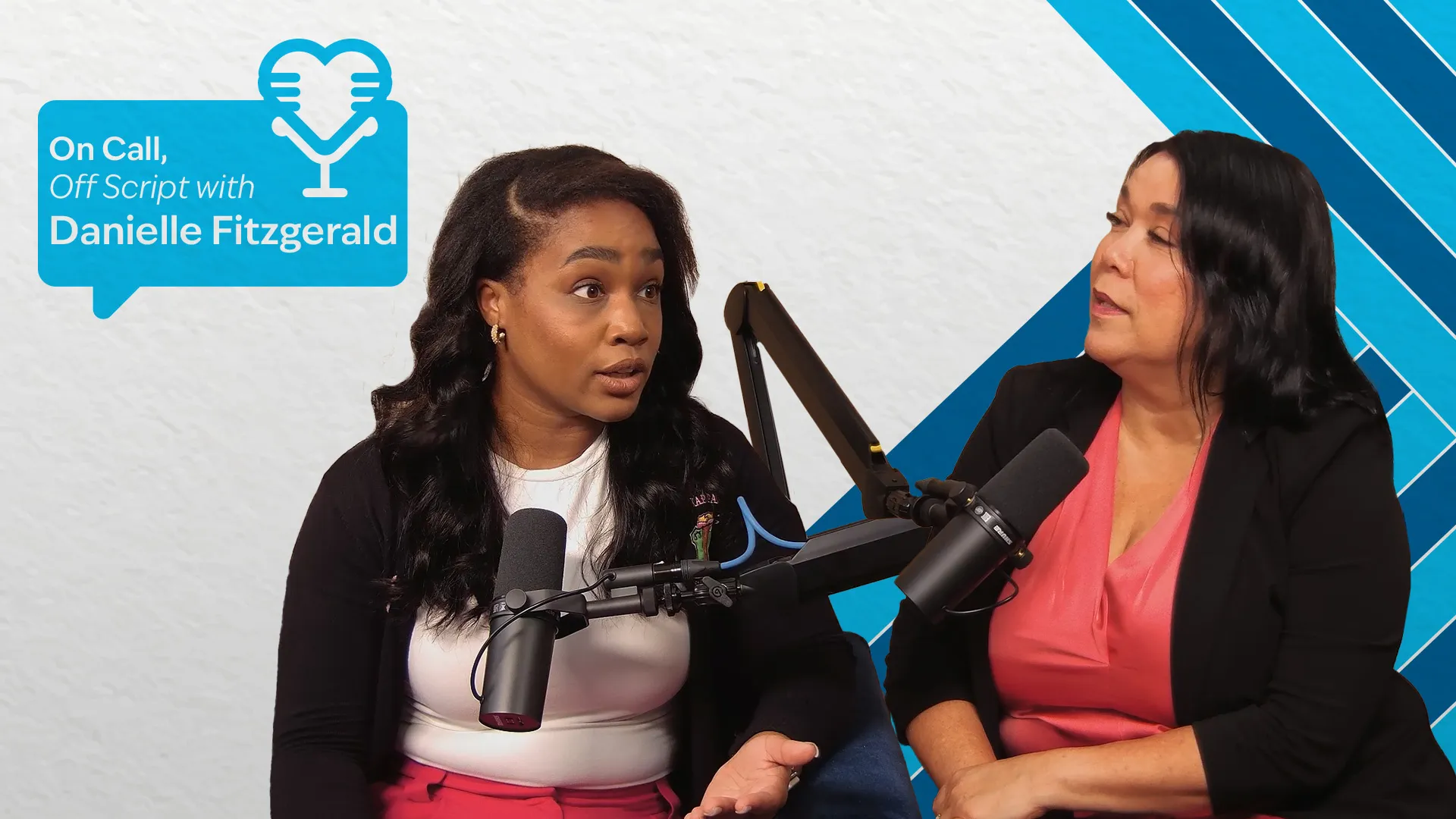 Two professionals speaking into podcast microphones; on the top left it reads, On Call, Off Script with Danielle Fitzgerald