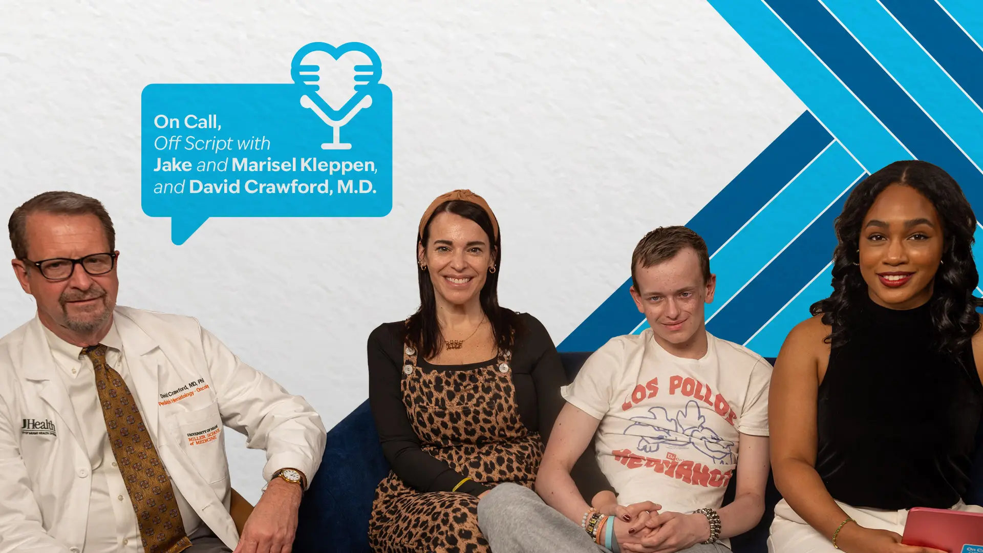 Four people sitting and looking at the camera; on the top left it reads, On Call, Off Script with Jake and Marisel Klepplen, and David Crawford M.D.