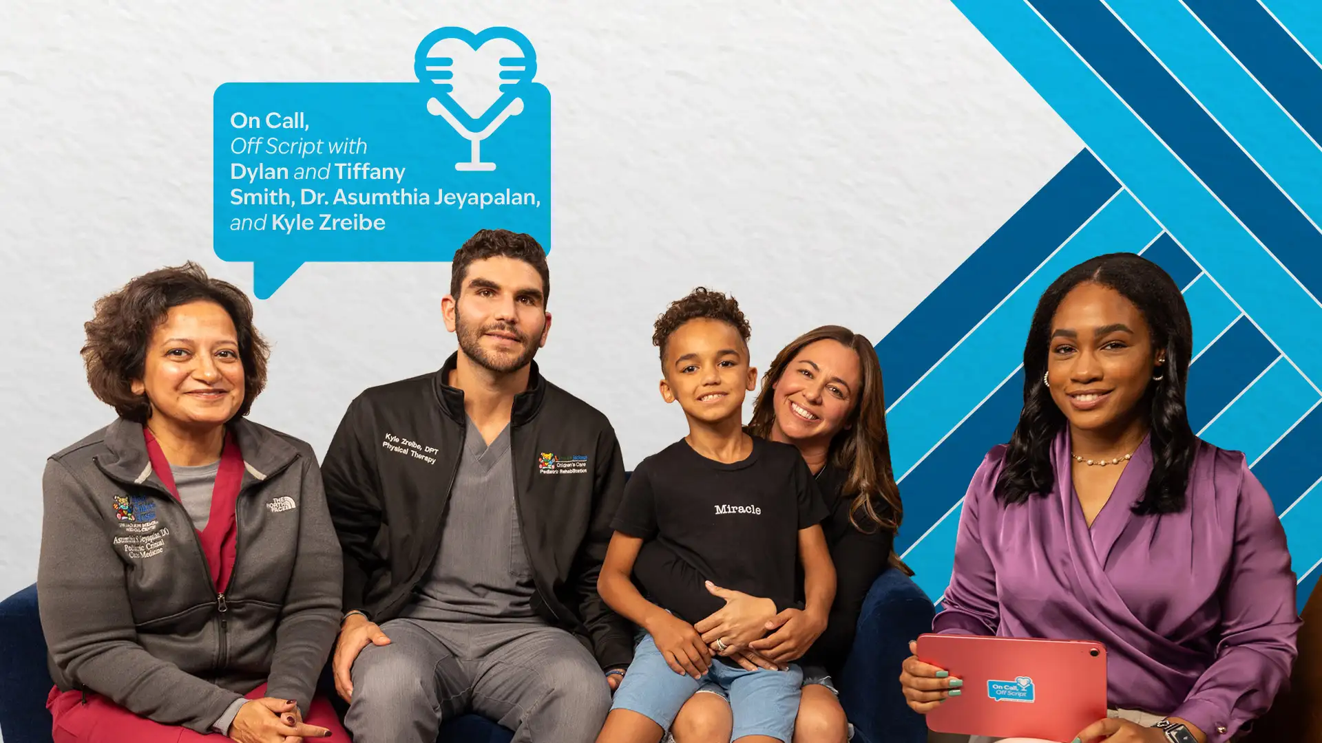Five people sitting and looking at the camera; on the top left it reads, On Call, Off Script with Dylan and Tiffany Smith, Dr. Asumthia Jeyapalan and Kyle Zreibe