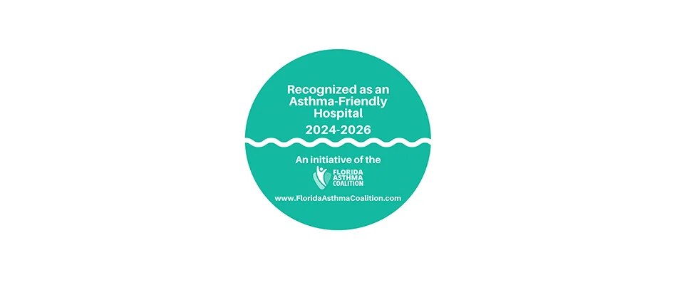 Logo that reads Recognized as an asthma-friendly hospital. 2024-2026. An initiative of the Florida Asthma Coalition. www.FloridaAsthmaCoalition.com