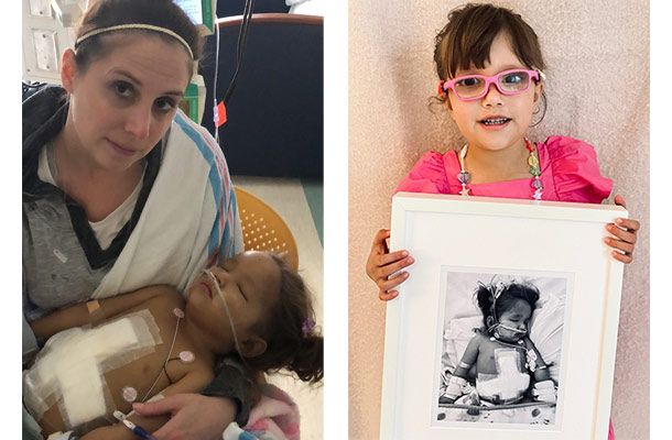 Image on the left is of a mother holding her young daughter who is sleeping and has tubes. Image on the right is of a young girl holding a picture of her younger self in the hospital