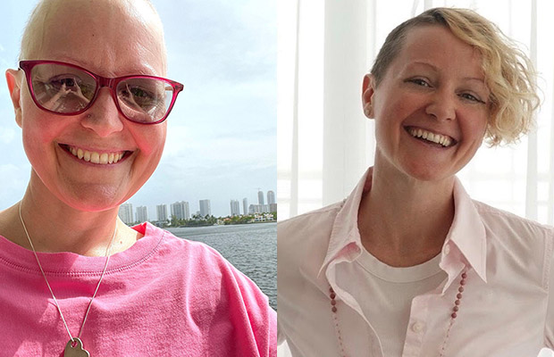 Two images of the same person, on the left they are smiling at the camera and have a shaved head, on the right they smile at the camera and have short blonde hair
