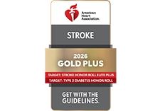 An award that reads American Heart Association, Stroke, 2026 GOLD PLUS, Target: Stroke honor roll elite plus, target: type 2 diabetes honor roll. Get with the guidelines
