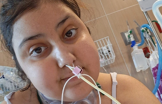 Selfie of a teenage girl who is intubated
