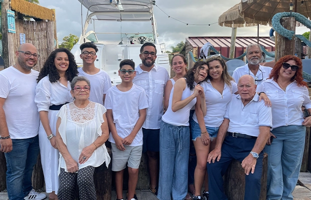 family photo, all dressed in white