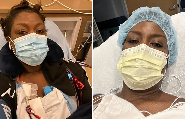 Two images of the same woman, she's wearing a medical mask and in a medical bed in both images