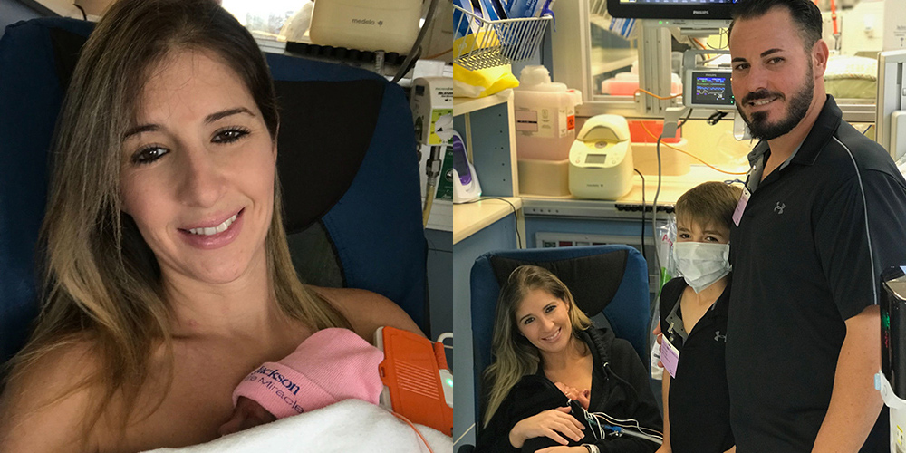 Lilia Silvia with her baby on her chest within an image on the left; within the image on the right, Lilia Silvia is holding her baby smiling at the camera while her husband and son stand by her side