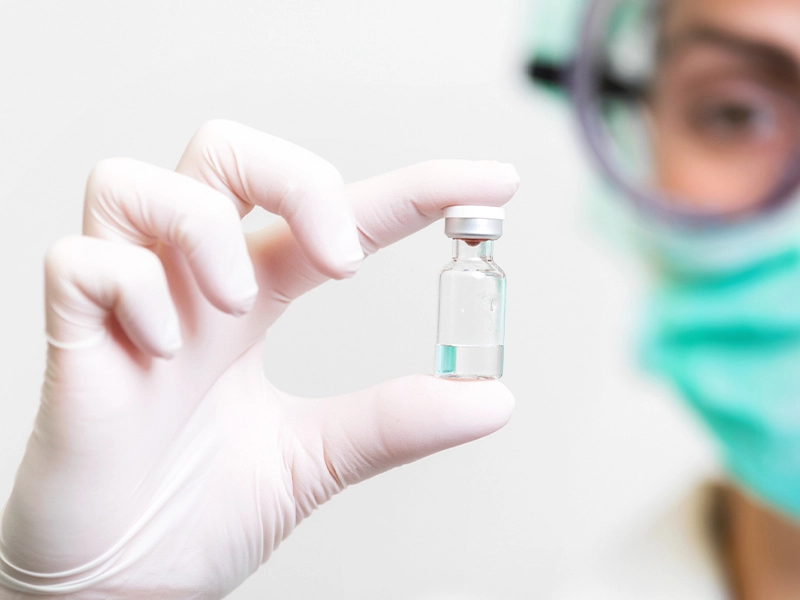 Close-up of a hand with surgical gloves showing a small bottle of medicine