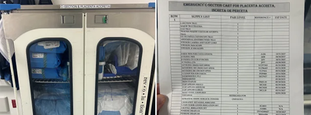 A closeup of a cart with medical items in it, to the right is a closeup of a piece of paper being held