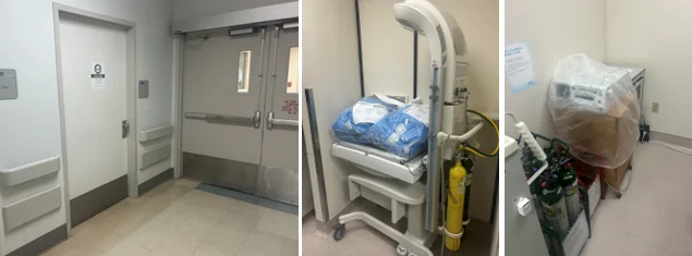 Three images showing a door and hallway door, medical machinery