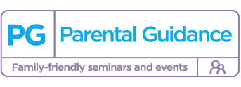 Logo that reads PG, Parental Guidance, Family-friendly seminars and events