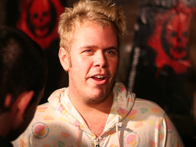 Close-up of Perez Hilton during a shoot.