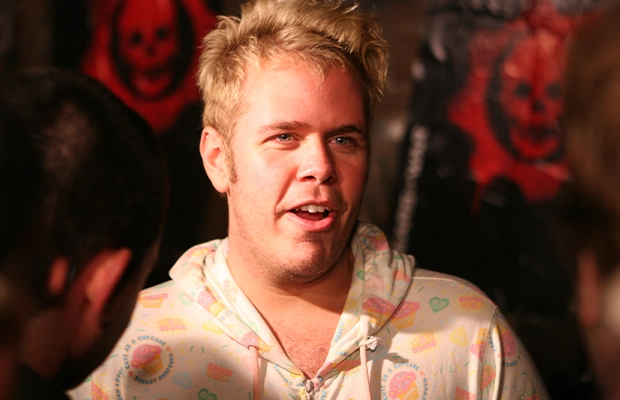 Close-up of Perez Hilton during a shoot.