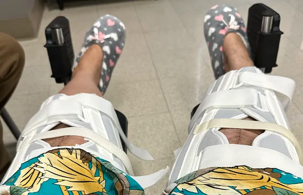 Close-up of legs bandaged after surgery