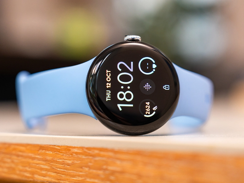 Close-up of a blue smartwatch.