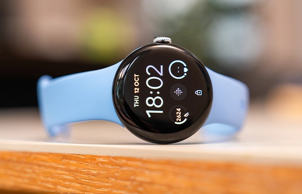 Close-up of a blue smartwatch.