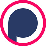 A blue, white, and pink icon for podchaser podcast