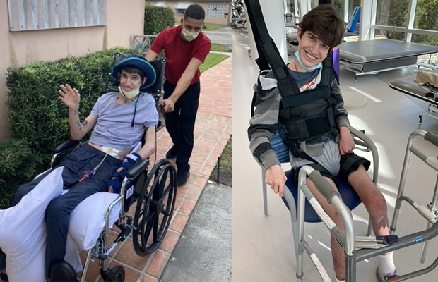 On the left is an image of a young man on a wheelchair, he is being pushed by another man. On the right is a young man sitting on a chair in a rehabilitation center