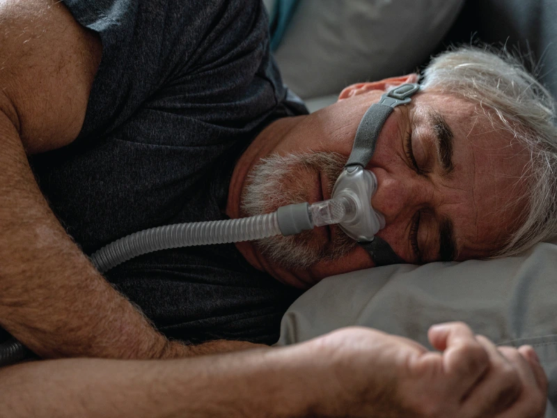 Elderly man sleeping on his side with an oxygen tank attached