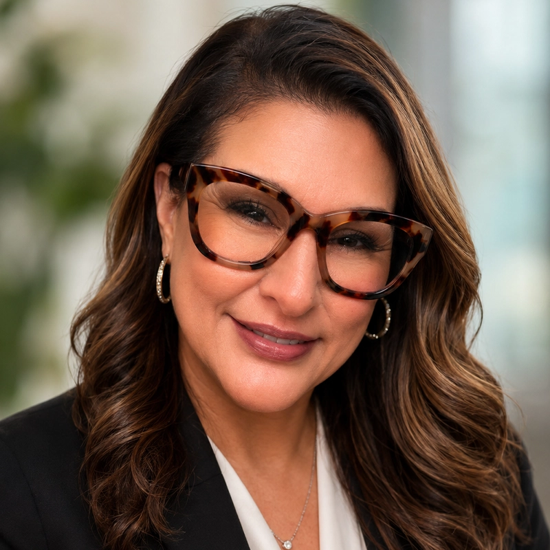 Close-up of a woman wearing glasses and smiling at the camera.