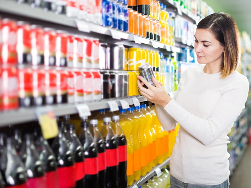 woman choosing a drink in the supermarket