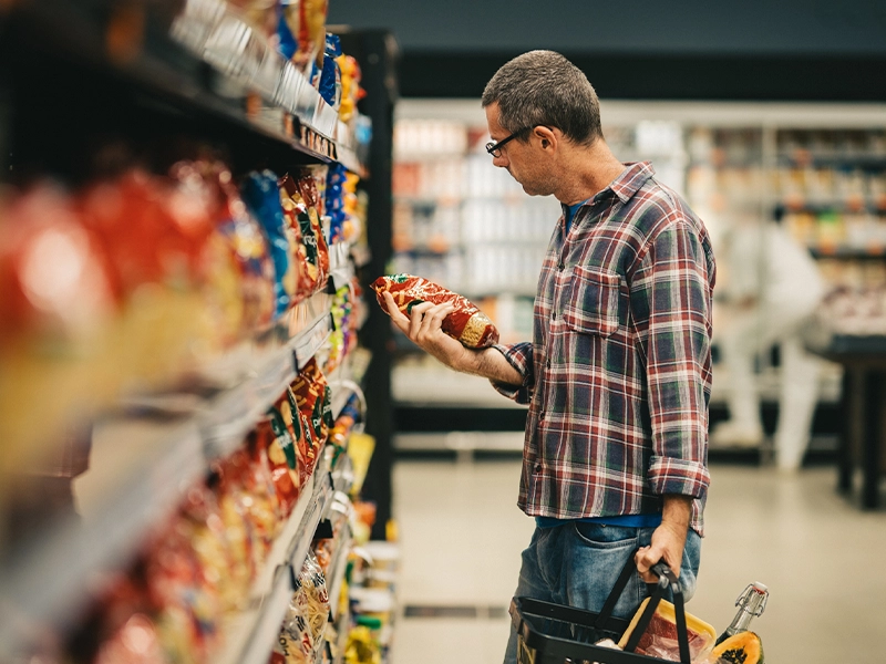 man checking products in supermarket