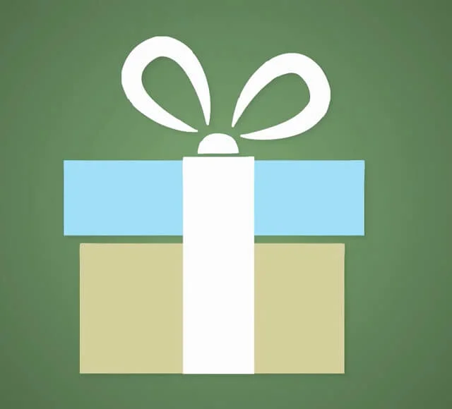 Illustrated gift box with a light blue ribbon and white bow on a dark green background