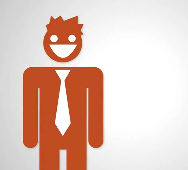 Smiling cartoon figure wearing a white tie on a light gray background
