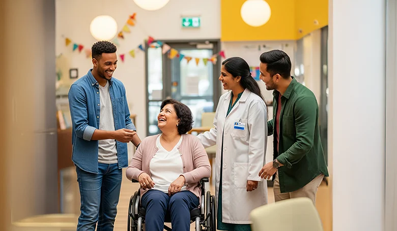 A medical professional standing in a building with two men and a woman in a wheelchair