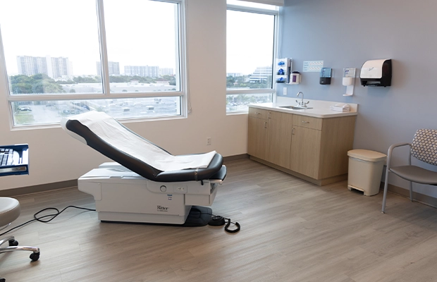 hospital room with an exterior view