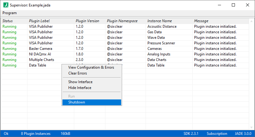 jade supervisor plugin running menu