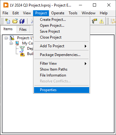 jade devkit labview 2024 Q4 project properties dialog menu