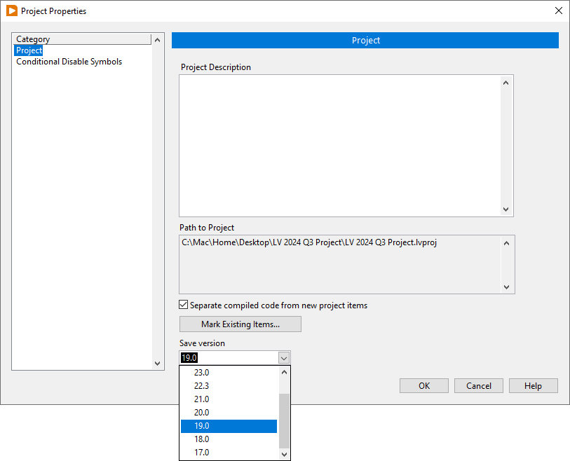 jade devkit labview 2024 Q4 project properties dialog save version tag