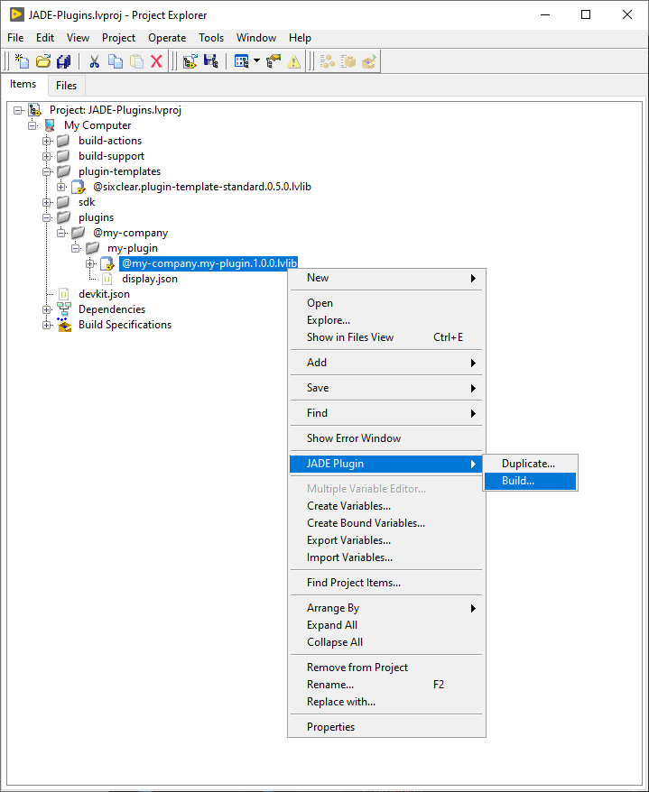 jade devkit plugin build menu