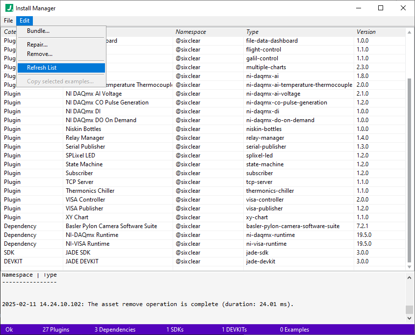 jade devkit refresh assets list in install manager menu