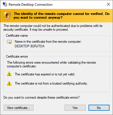 giota connect rdp confirm certificate