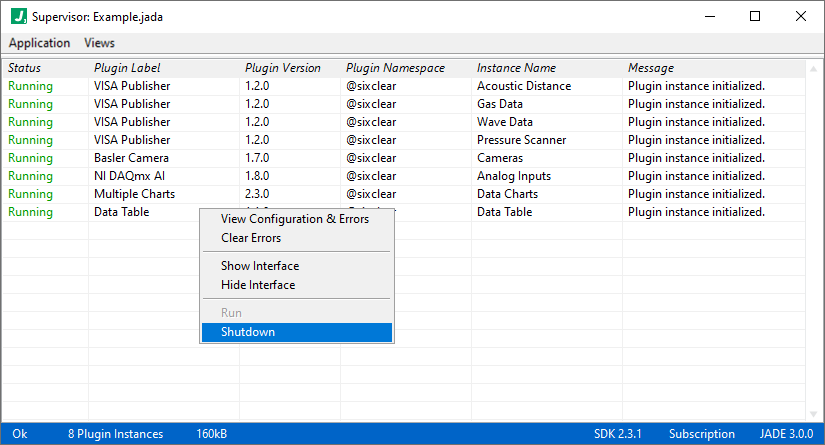 jade supervisor plugin running menu
