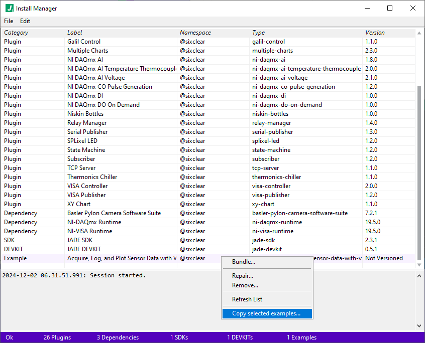 jade install manager copy selected examples