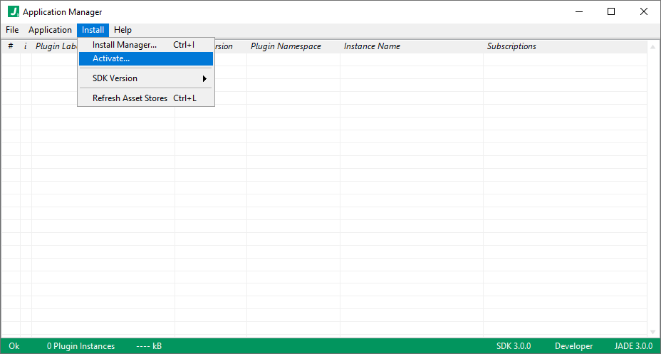 jade application manager menu install activate