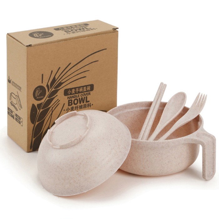 Set Mangkok Mie Wheat Straw Lengkap Tutup Cup Sendok Garpu Sumpit — 5