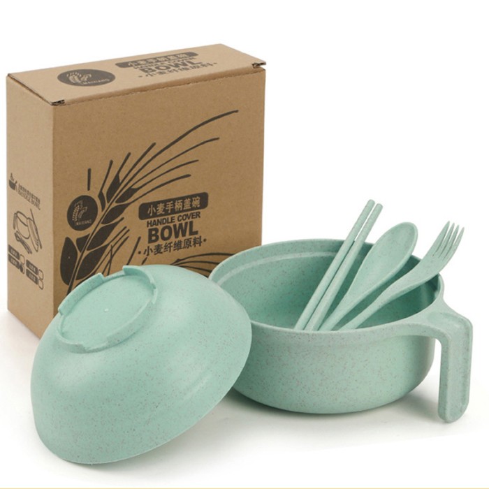 Set Mangkok Mie Wheat Straw Lengkap Tutup Cup Sendok Garpu Sumpit — 2