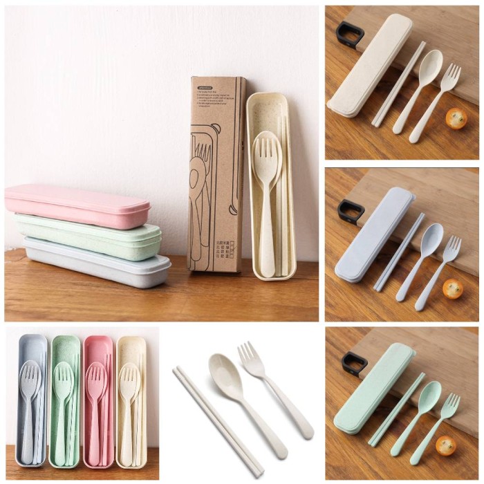 Sendok Garpu Sumpit Set Korea / Alat Makan Set Bahan Jerami Gandum — 7