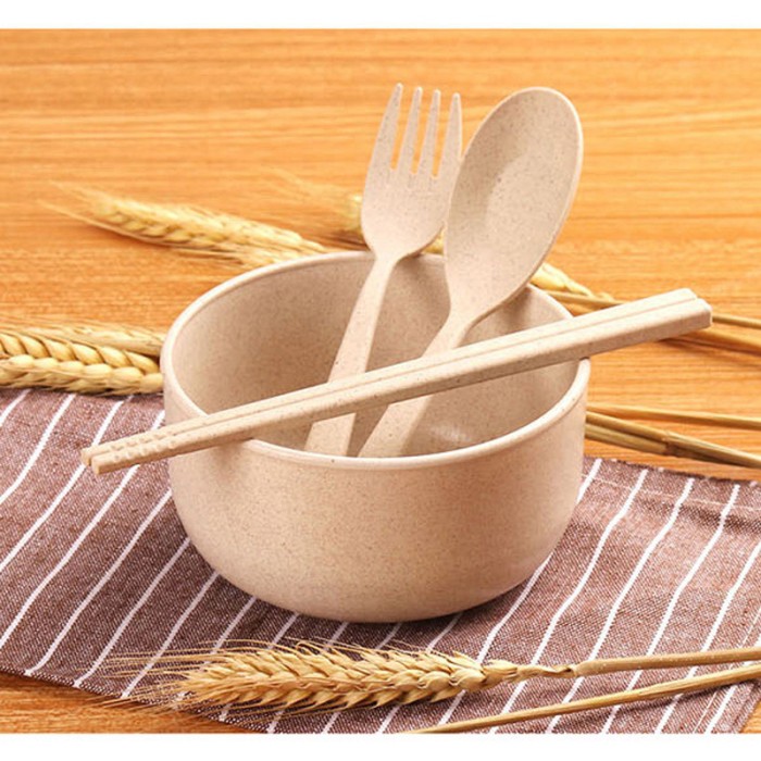 Set Mangkok Sayur Soup Wheat Straw Lengkap Sendok Garpu Sumpit — 7